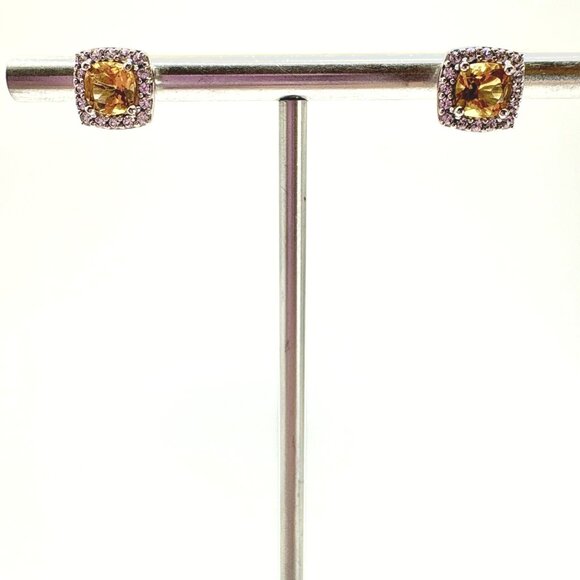 VTG Sterling Silver 925 Lemon Yellow Quartz CZ Halo Stud Earrings Size 8x8 mm - Picture 3 of 13